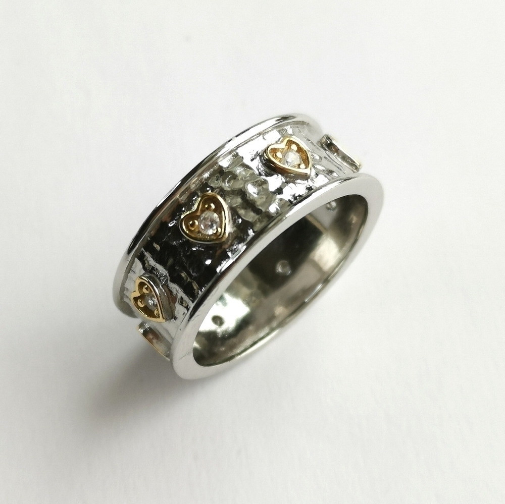 Hammered sterling silver 14k gold accent white sapphire eternity ring - Picture 3 of 6